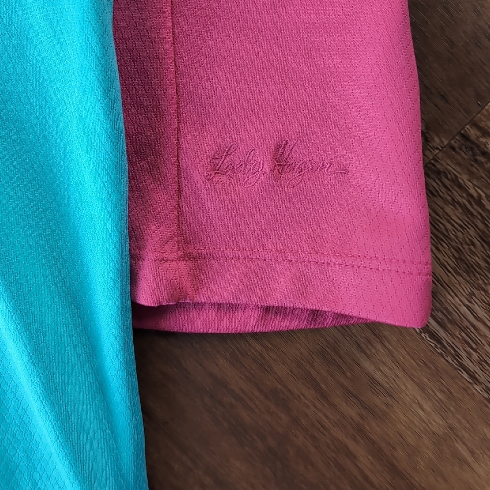 Lady Hagen Teal And Hot Pink Short Sleeve Polo Tops. - Picture 3 of 5